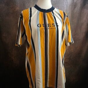 GUESS Men's Yellow, White & Navy Vertical Stripe Tee